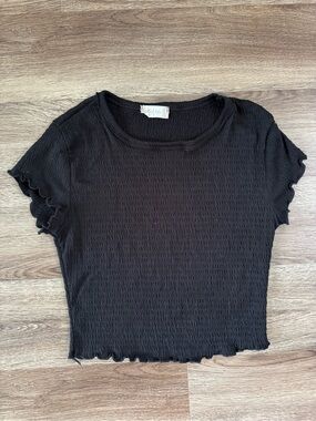 Black Textured Lettuce-Edge Short Sleeve Top